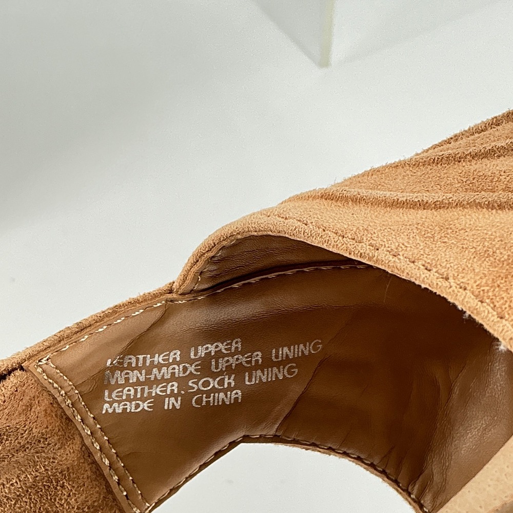 Earth Size 11 Biscuit Tan Suede Wedge Sandals Womens Ruched Ankle Strap Curvet - Picture 3 of 13